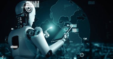 MLP 3d illüstrasyon Gelecek Finansal Teknoloji Kontrolü AI robot insansı makine öğrenimi ve yapay zeka kullanarak iş verilerini analiz ediyor ve yatırım ve ticaret hakkında tavsiyelerde bulunuyor