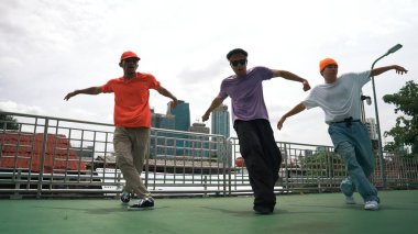 Bir grup yetenekli break dansçı çatıda birlikte hip hop dansı yapıyorlar şehir veya gökdelen manzaralı. Yakışıklı hippi takımı halka açık bir yerde funky müzik yapıyor. Açık hava sporu 2024. Yumuşak bir şekilde..