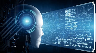 MLP 3d illüstrasyon hominoid yapay zeka kullanarak matematik hesaplama ve bilimsel denklem kavramında hologram ekranına bakan yapay zeka makine öğrenme süreci. 3B görüntüleme