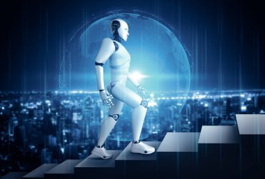 MLP 3D illüstrasyon robotu insanımsı başarıya ve hedefe ulaşmak için merdivenlerden çıkıyor. Dördüncü endüstriyel devrim için beyin ve makine öğrenme süreci kavramı.