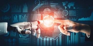 MLP 3D yorumlama fütüristik robot teknolojisi geliştirme, yapay zeka yapay zeka ve makine öğrenme kavramı. İnsan hayatının geleceği için küresel robot biyonik bilim araştırması.