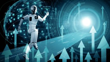Yapay zeka robotu ve makine öğrenme teknolojisini kullanarak verileri analiz ederek ve gelecekteki iş yatırımları planlaması hakkında tavsiyelerde bulunarak MLP 3D illüstrasyon İş Büyümesi kavramı. 3B resimleme.