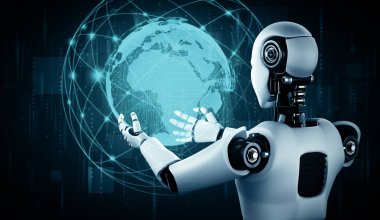 MLP 3d illüstrasyon yapay zeka kullanarak küresel iletişim ağı kavramını gösteren sanal ekran tutan yapay insan robot yapay zekası. 3B resimleme bilgisayarı