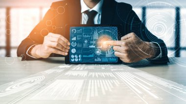 İş ve Finans Konsepti Veri Analizi. Dijital iş stratejisi için gelecekteki kar analitik bilgisayar teknolojisini, çevrimiçi pazarlama araştırma ve bilgi raporunu gösteren arayüz. uds