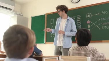 Sınıfın önünde yürürken elini kaldıran zeki çocuğun arkası. Yetenekli erkek eğitmen akıllı çocuklara bakarken aynı zamanda ilkokul öğrencisinin soruyu cevaplamaya gönüllü olduğunu gösteriyor. Pedagoji.