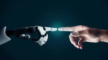 MLP Fütürist robot yapay zeka devrimci yapay zeka teknoloji geliştirme ve makine öğrenme kavramı. Gelecekteki insan hayatı için küresel robot engelleme zinciri araştırması. 3B görüntüleme