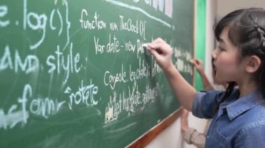 BTMM Teknoloji dersinde çeşitli zeki öğrencilerin yazdığı yapay zeka komut ile karatahta dururken, yetenekli Asyalı kız mühendislik komut ve programlama sistemi yazıyor. Eğitim. Pedagoji.