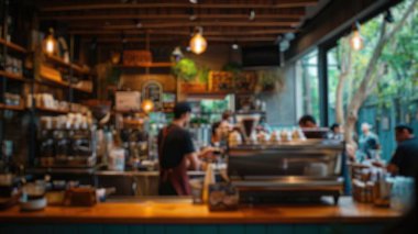 Kalabalık bir kahvehanenin arka planında bulanıklık vardı. Müşteriler içkilerini yudumluyor, baristalar kahve yapıyor, hareketli bir mekan yaratıyorlardı. Saygıdeğer.