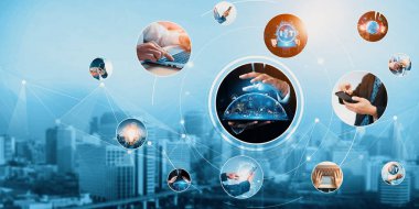 İletişim teknolojisi, akıllı bağlantı IOT ve insan ağ teknolojisi kavramı. Güvenli internet ağına ve bulut hesaplama sunucularına bağlanmak için bağlantı aygıtı kullanan insanlar