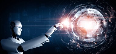 MLP 3d illüstrasyon yapay zeka kullanarak makine öğrenme sürecinde büyük veri analitiği kavramını gösteren sanal sanal sanal ekrana dokunan yapay yapay insansı robot yapay zekası. 3B illüstrasyon.