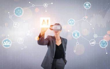 Yönetici, Ai 'yi kullanarak küresel iletişim kuruyor ve kuruyor. Yetenekli bir iş kadını sanal gerçeklik gözlüğü takıp sanal gerçeklik ikonu takarken dokunuyor. Kısıtlanma.