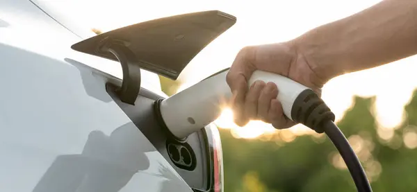 Чоловік Заряджає Батареї Електромобіля Під Час Подорожі Дорозі Автомобіль Природному — стокове фото