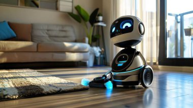 Evin zeminini temizlemek ve temizlemek için bina içinde elektrikli süpürge olarak çalışan robotun resmi, temizlik için bilgi ve detaylı bilgi gerektiriyor. AIG43.
