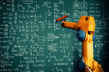 MLP Robot Kol Yapay Zeka mekanize endüstri problem çözümü için matematiği analiz ediyor. Otomatik üretim süreci için robot teknolojisi ve makine öğrenimi kavramı.