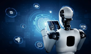 MLP 3D illüstrasyon robotu insansı tablet bilgisayar kullanarak yapay zeka, yapay zeka ve 4. endüstriyel devrim için makine öğrenme kavramını kullanıyor. Üç Boyut