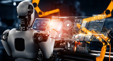MLP Mekanize Endüstri Robotu ve robot silahları fabrika üretiminde kullanılacak. Sanayi devrimi ve otomasyon üretim süreci için yapay zeka kavramı.