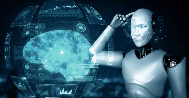 MLP 3D illüstrasyon Yapay Zeka Robotu Yapay Zeka ve Yapay Zeka kavramını makine öğrenme süreciyle gösteren hologram ekranını analiz ediyor. 3B görüntüleme.