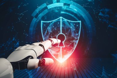 MLP 3D yorumlama fütüristik robot teknolojisi geliştirme, yapay zeka yapay zeka ve makine öğrenme kavramı. İnsan hayatının geleceği için küresel robot biyonik bilim araştırması.