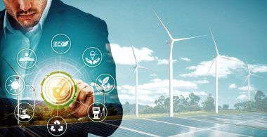 Rüzgar türbini çiftliği ve yeşil yenilenebilir enerji işçisi arayüzü üzerinde çalışan iş adamlarının çifte görüntüsü. Alternatif enerji ile sürdürülebilirlik gelişimi kavramı. uds