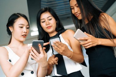 Üç kadın arkadaş ellerinde cep telefonuyla sohbet ediyorlar. Sosyal medya, dedikodu haberleri ve online alışveriş kavramı. uds