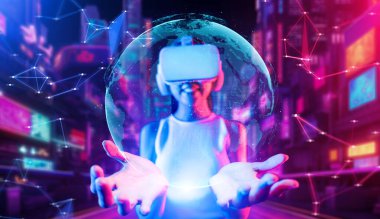 Metanın sanal gerçeklik siber punk tarzı binasında zeki bir kadın VR kulaklık takıyor, metaverse 'e bağlanıyor, gelecekteki siber uzay topluluğu teknolojisi, 3 boyutlu hologram görüyor ve tutuyor. Halüsinasyon.