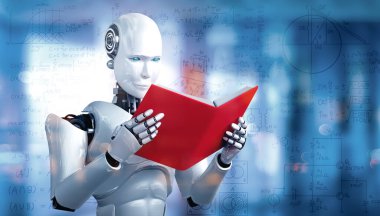 MLP 3D illüstrasyon. Robot insansı okuma kitabının gelecekteki yapay zeka kavramı ve 4. sanayi devrimi..