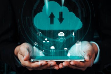 İş ağı konsepti için bulut bilgisayar teknolojisi ve çevrimiçi veri depolama. Bilgisayar, bulut veri transferi için internet sunucusuna 3 boyutlu fütüristik grafik arayüzü ile bağlanır. uds