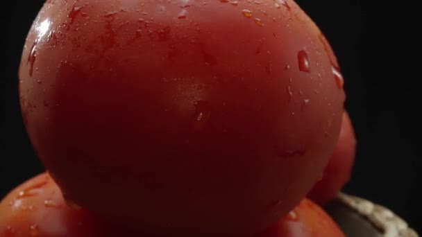 매크로 그래피 소박한 바구니 토마토는 극적인 검은색 배경에 보여줍니다 클로즈업 — 비디오