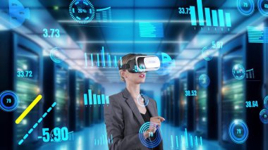 İş kadını, dijital bilgi ağı teknolojisi görsel animasyon arayüzü VR 'nin gelecekteki küresel yenilik arayüzü olan grafik analizi için rakamsal dinamik piyasa verilerini seçiyor. Kısıtlanma.
