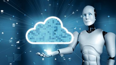 MLP 3d illüstrasyon yapay zeka robot robotu çevrimiçi sunucuda veri depolamak için bulut hesaplama teknolojisi kullanır. Makine öğrenme süreciyle analiz edilen gelecekteki bulut bilgi depolama kavramı. 3B görüntüleme