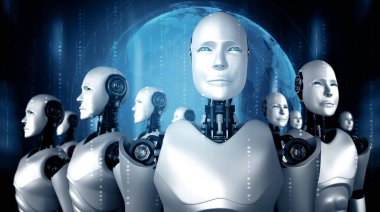 MLP 3D illüstrasyon. Robot insansı grubun gelecekteki yapay zeka kavramı ve 4. sanayi devrimi..