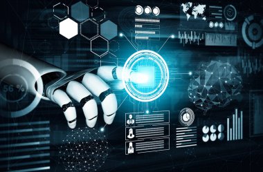 MLP 3D Rending futuristik robot teknolojisi geliştirme, yapay zeka yapay zeka ve makine öğrenme konsepti. İnsan hayatının geleceği için küresel robot biyonik bilim araştırması.