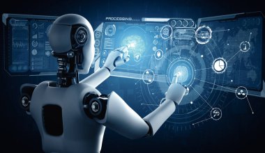 MLP 3d illüstrasyon yapay zeka ve yapay zeka kavramını gösteren sanal sanal hologram ekranına dokunan yapay zeka robotu. 3B illüstrasyon.