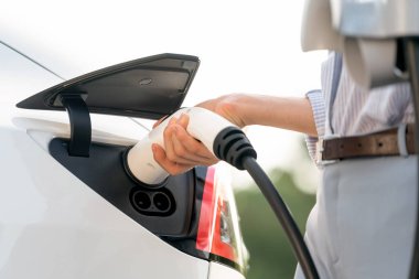 Yolculuk sırasında doğal orman ya da milli parktaki elektrikli araba için şarj olan genç bir kadın. Tatil ve tatil boyunca çevre dostu seyahat. Yükselt