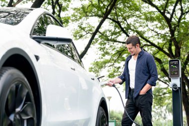 Yolculuk sırasında doğal orman ya da milli parktaki elektrikli araba için şarj olan bir adam. Tatil ve tatil boyunca çevre dostu seyahat. Yükselt