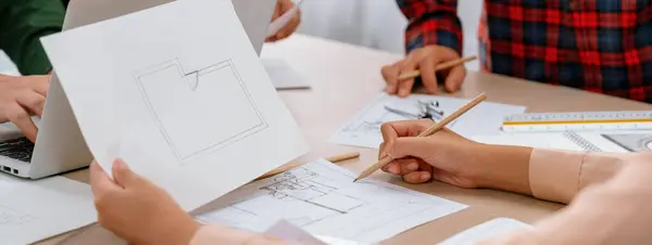 Skilled Architect Drafts Blueprint Paper While Male Engineer Works Laptop — Stock Photo, Image