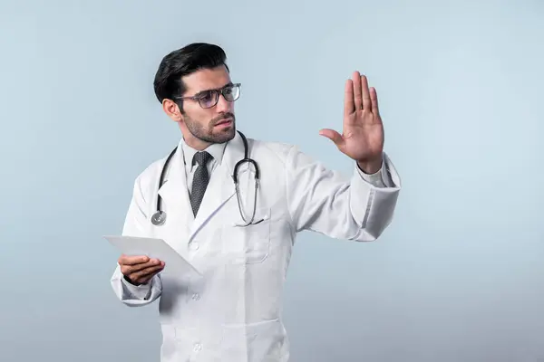 Caucasian Smart Doctor Pointing Finger While Standing White Background Wearing — Stock Photo, Image