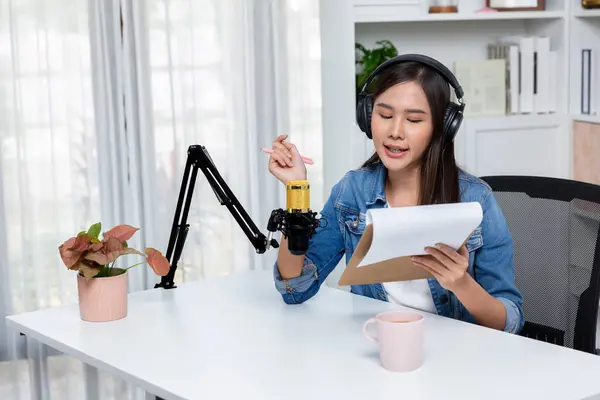 Host Channel Asian Influencer Talking Broadcast Streaming Online Wearing Headset Royalty Free Stock Photos