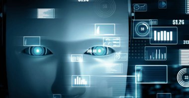 MLP 3d illüstrasyon Gelecek Finansal Teknoloji Kontrolü AI robot insansı makine öğrenimi ve yapay zeka kullanarak iş verilerini analiz ediyor ve yatırım ve ticaret hakkında tavsiyelerde bulunuyor