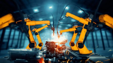 MLP Mekanize Endüstri Robot Kolu fabrika üretim hattında montaj için hazır. Sanayi devrimi ve otomasyon üretim süreci için yapay zeka kavramı.