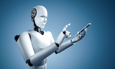 MLP 3D illüstrasyon robotu insansı cep telefonu ya da tablet kullanırken yapay zeka ve makine öğrenme sürecini kullanacak. 4. Sanayi Devrimi 3 boyutlu