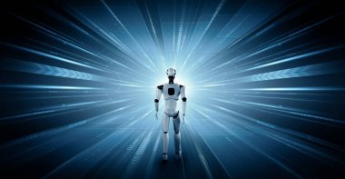 Bilim kurgu fantezi dünyasında MLP 3D robot çizimi. Dördüncü endüstriyel devrim için beyin ve makine öğrenme süreci kavramı.