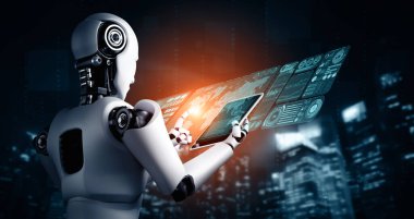 Büyük veri analizi için tablet bilgisayar kullanan MLP 3D illüstrasyon Robot İnsanımsı 4. Sanayi Devrimi için yapay zeka ve makine öğrenme sürecini kullanan yapay zeka