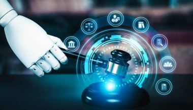 Yapay zeka yasası ve hukuki hukuk düzenlemeleri teknolojisini tasvir eden hukuki bilgilerle avukatlık bürosunda avukatlık araçları kullanan yapay zeka ile ilgili AI robot el tarafından gösterilen etik hukuk kavramı