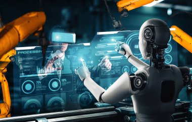 MLP Mekanize Endüstri Robotu ve insan işçileri gelecekteki fabrikada birlikte çalışıyorlar. Sanayi devrimi ve otomasyon üretim süreci için yapay zeka kavramı.