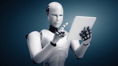 MLP 3D illüstrasyon robotu insansı geleceğin ofisinde tablet bilgisayar kullanarak yapay zeka, yapay zeka ve makine öğrenme sürecini kullanarak. 4. Sanayi Devrimi 3 boyutlu