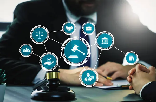 Smart law, legal advice icons and lawyer working tools in the lawyers office showing concept of digital law and online technology of savvy law and regulations .