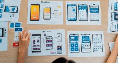 Mobil uygulama ya da web sitesi için kullanıcı arayüzü prototipi planlayan yeni kurulan şirket çalışanlarının panorama afişi. UX UI tasarımcı beyin fırtınası kullanıcı dostu arayüz planı. Sinerjik
