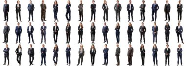 Birçok iş adamı izole edilmiş arka plan, resmi kıyafet, tam vücut uzunluğu, çeşitli iş çevreleri, mutlu erkek ve kadın, başarılı bir kariyer, keskin kenarlı stil.