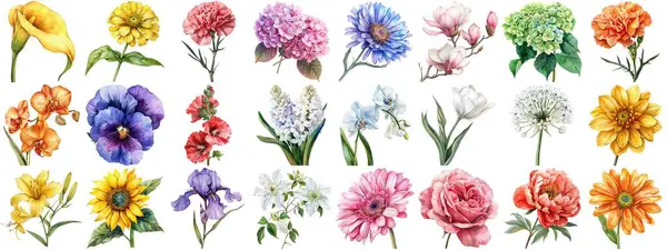 Akvarel Blomst Sæt Isoleret Baggrund Forskellige Blomster Samling Naturen Blomstrende - Stock-foto